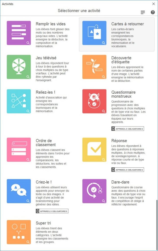 Liste des 11 activités offertes par SMART Notebook (avec abonnement)