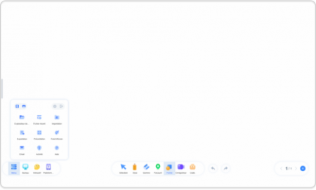 Le menu pour passer facilement du mode tableau blanc au mode bureau, d'enregistrer les notes, d’importer des fichiers depuis l'écran interactif et de paramétrer tout le système du logiciel UBoardMate CC.